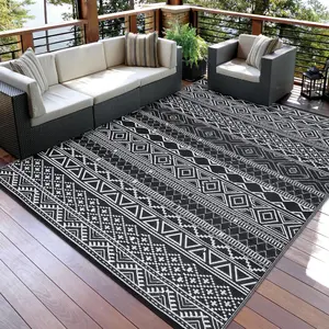 9x12 Waterproof Outdoor Rug - Large Reversible Plastic Straw Mat for Camping, RV, Patio, Backyard, Deck, Picnic & Beach - Black/White (Boho)