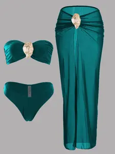 Women's Three-Piece Bikini Set, Metal Decoration, Bandeau Top, Backless Mesh Skirt, Beachwear for Swimming and Vacation