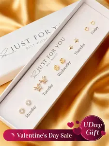 10-Piece Hollow Rose Star Heart Zircon Butterfly Earrings Set, Ear Studs, Copper Material, Vintage Elegant Style, Gift Box Included