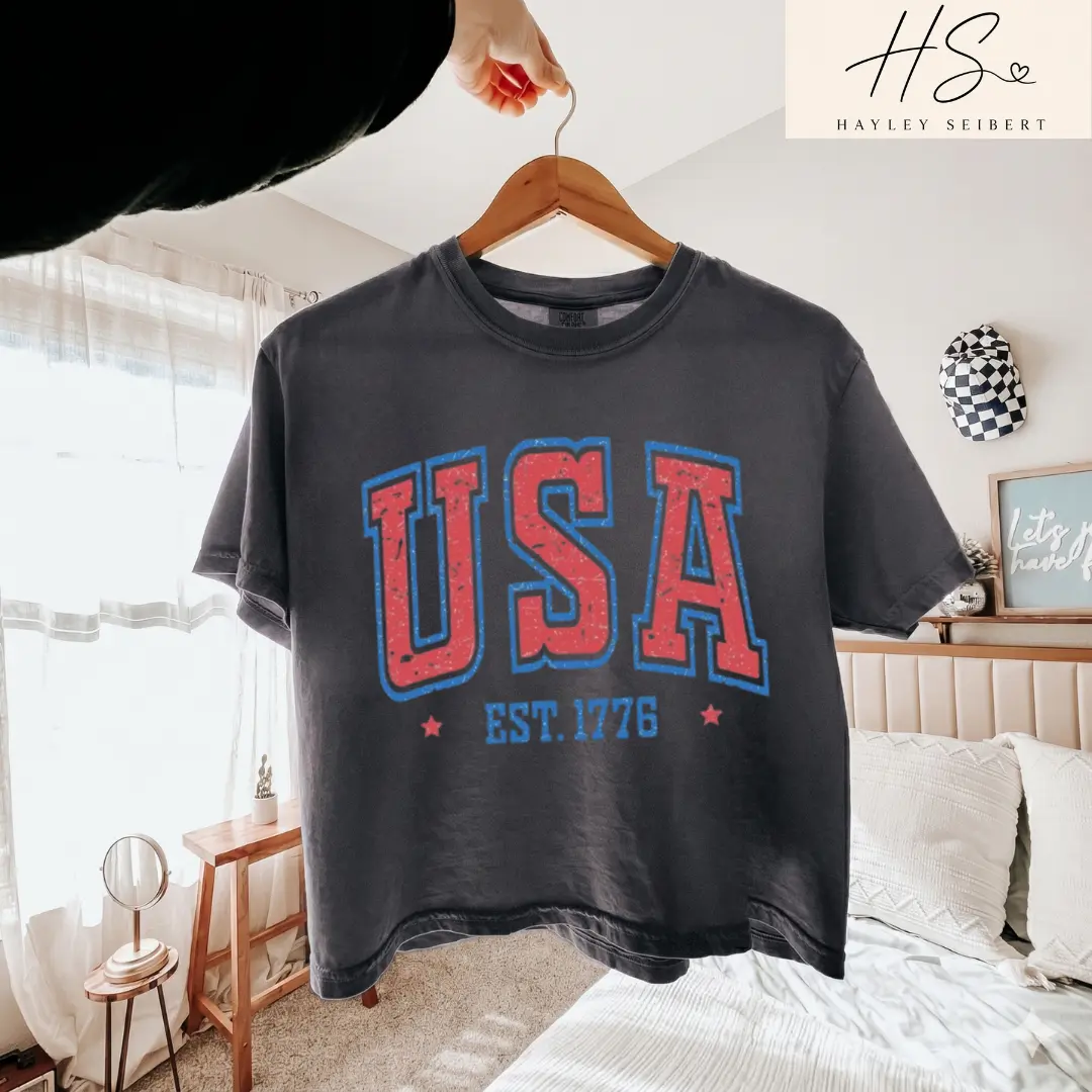 USA 1776 America 250 Crop Boxy Tee, Independence Day Comfort Colors Boxy Shirt, 4th of July Trendy Mom Shirt, Spring Summer Mama Shirt, New Mom Gift