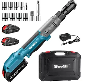 SEESII 21V Cordless Electric Ratchet Wrench Set - 90N.m (66Ft-lbs) Torque, 3/8", 200RPM, Variable Speed Trigger, 2x 2.0Ah Batteries & Charger, 8 Sockets, Adapters & Extension Bar, Black Friday Deals