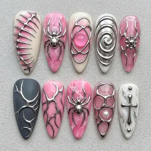 Pink Gothic Spider Press On Nails, Silver Chrome 3D Nails, Marble Gel Nails, Cyber Y2K Nail Set, Handmade Luxury Nails