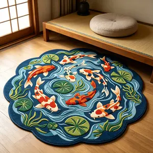 Koi Fish Blessing Blue Ink Wash Rug, Soft Area Rug, Decorative Rug, Irregular Shape Mat, Soft Comfortable, Hand Wash Only, Ideal for Living Room, Bedroom, Bathroom, Kitchen