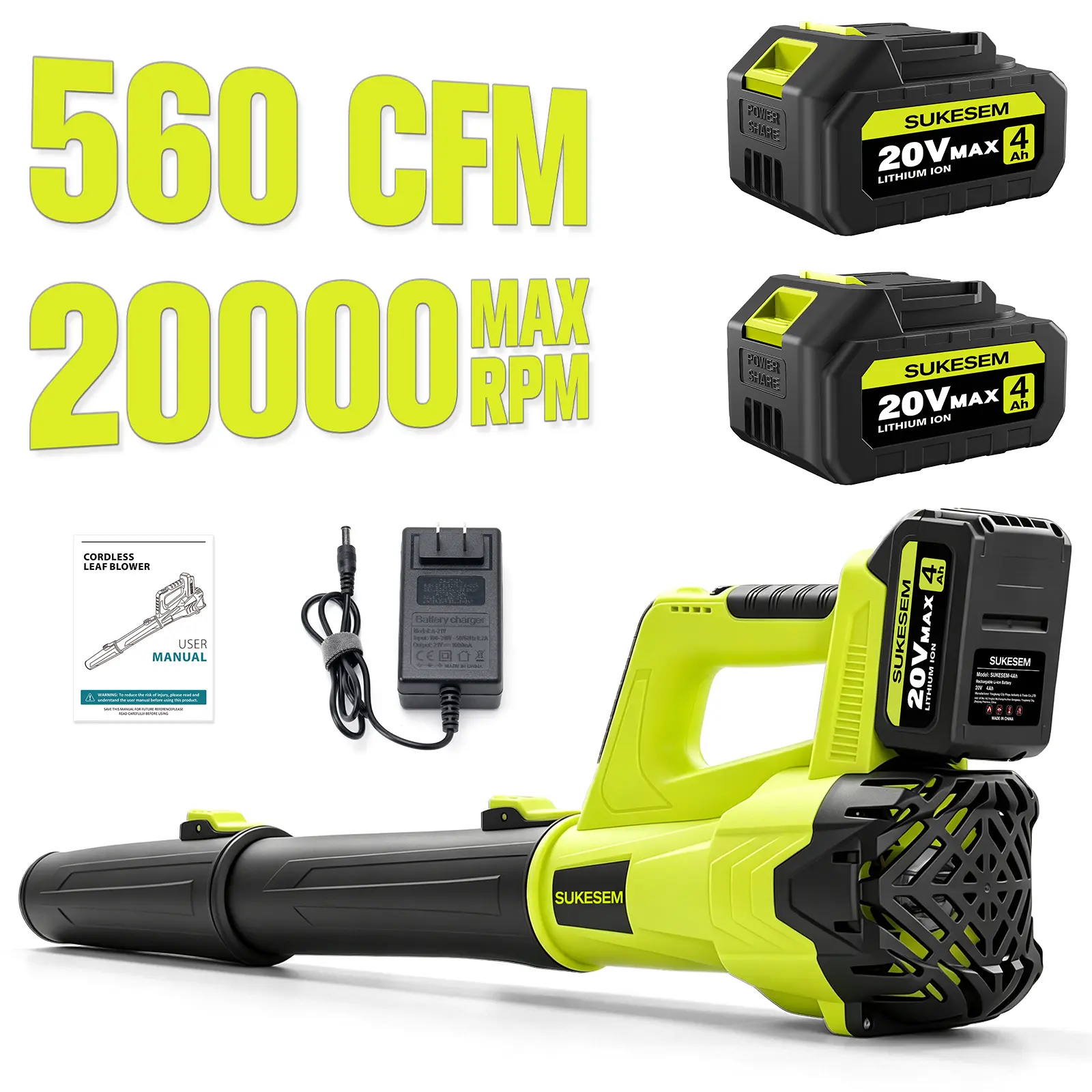SUKESEM High Power Cordless Handheld Portable Blower - Battery Operated Leaf Blower with 4.0 Ah Battery & Charger, Dual Speed Control, for Lawn Care Blowing & Snow Clearing, Blowers For Lawn Care