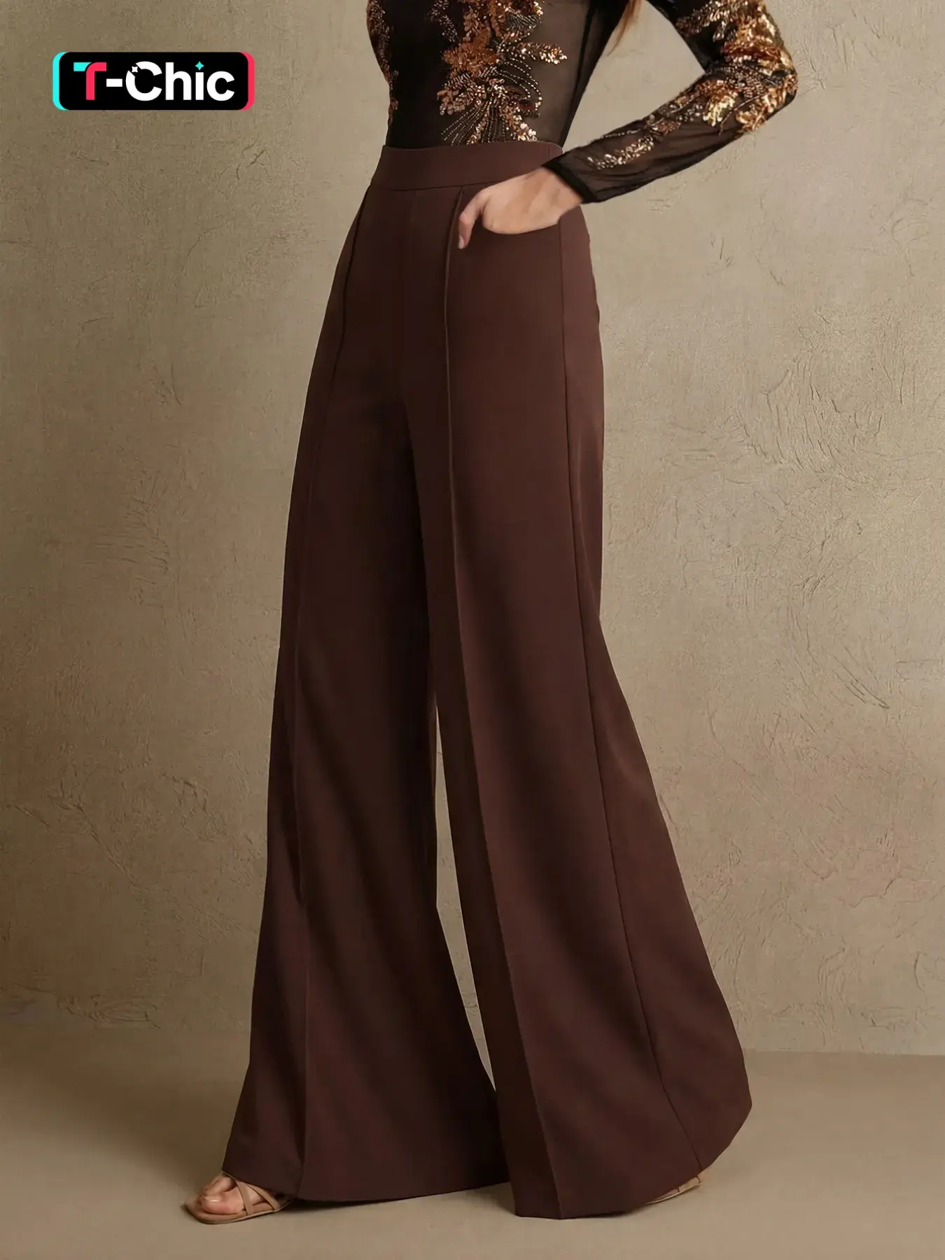 Women High Waisted Flowy Wide Leg Pants Elegant Flowing High Rise Palazzo Trousers Brown Office Work Wide Legged Pants Loose Fit Business Casual Dress Pants Long Wide Leg Trousers Chic Formal Pants Soft Drape Stylish Everyday Fashion Trousers