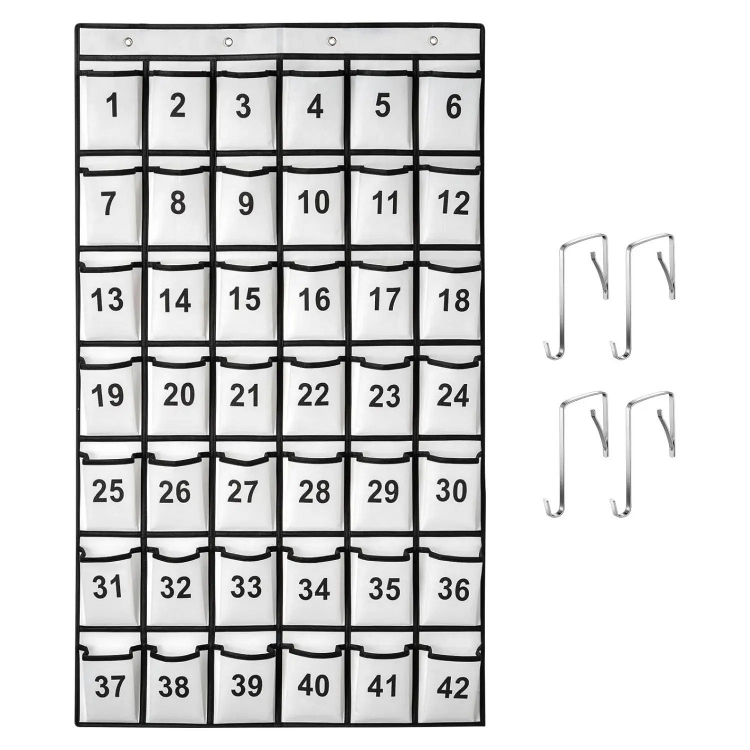 42 Pockets Numbered Classroom Pocket Chart for Cell Phones, Hanging Pocket Chart Storage for Classroom Phone Calculator Holder with 4 Hooks and 42 Clear Numbers Printing