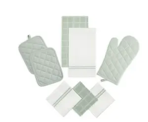 8-Piece Kitchen Towel Set, Dishcloths, Oven Mitts, and Pot Holders, Sage, 100% Cotton