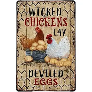 Metal Plate Tin Sign Wicked Chickens Lay Deviled Eggs Iron Poster Art Holiday Decoration Outdoor & Indoor Sign Wall Decoration Metal Plaque 8x12 Inch