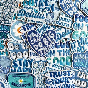 18Pcs Blue Positive Affirmations Iron on Patches, Motivational Phrases Embroidered Sew on Applique for Hats Jeans Clothes Jackets Backpacks