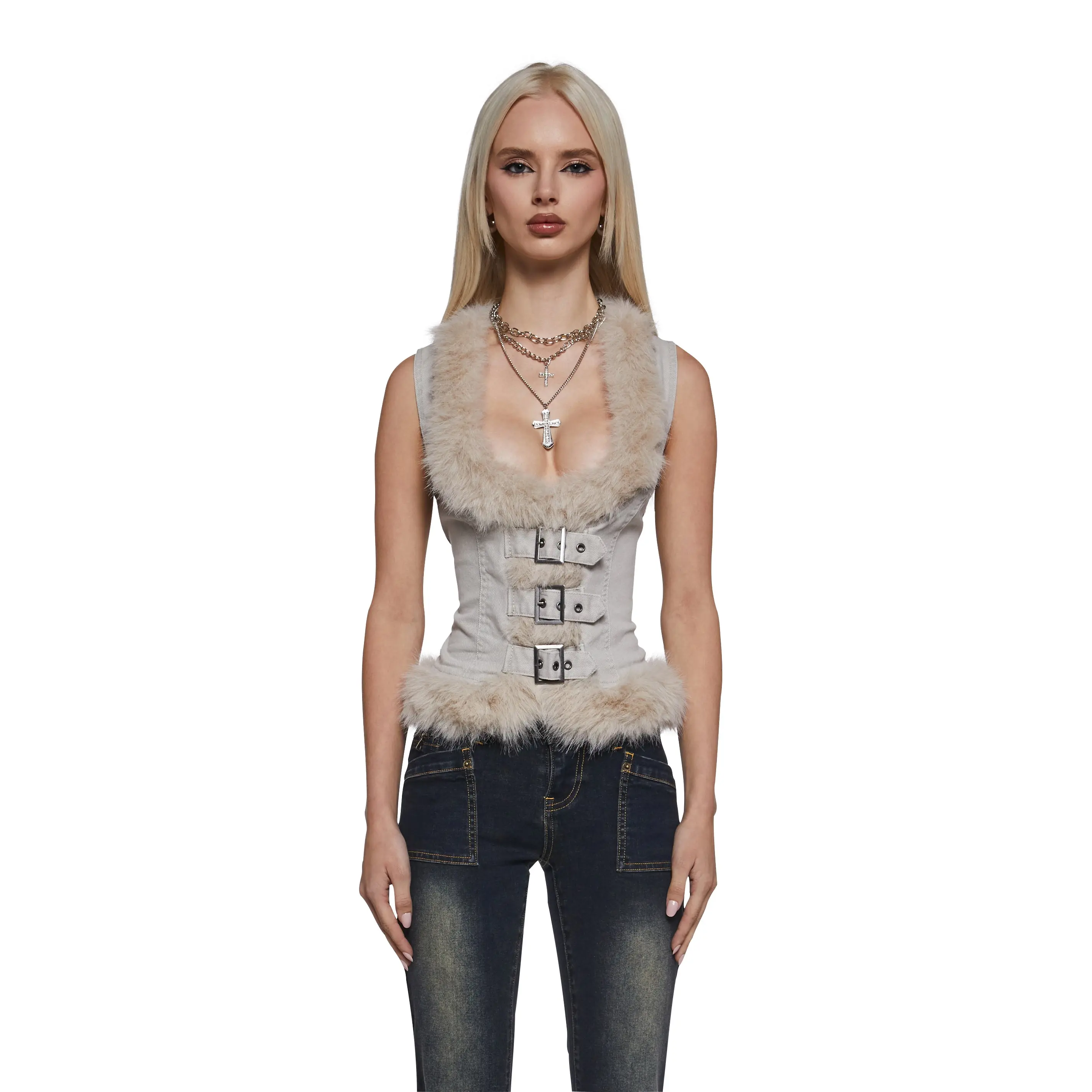 Ego Twill Fur Vest Top - Off White