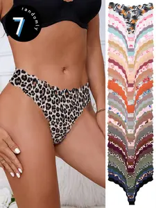 Random Pack 5/7/10 Pieces Leopard Print Seamless Wave Decor Triangle Panties, Sexy Thong Comfortable Breathable Elastic Underwear