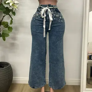 Denim Jean with Pearl Belt an Rhinestone Flower Embellishments