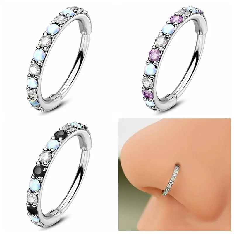Oufer 20G 316L Stainless Steel Hinged Segment Nose Hoop Ring, Opal and CZ Gems Nostril Jewelry for Nose Rings Hoops, Nostril Nose Ring