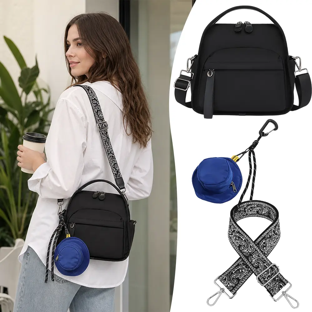3-Pcs Nylon Shoulder Bag Set - Large Capacity Tote, Bucket Hat Pouch, Extra Quilted Shoulder Strap, Expandable, Lightweight, Water-Resistant, Zip-Closure, Perfect for Commute & Travel