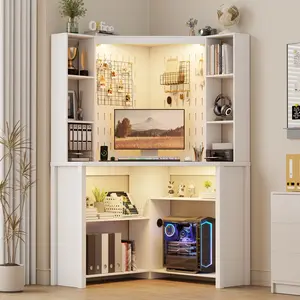 Dystler Corner Computer Desk with LED Lights, L Shaped Study Desk with Hutch & Shelves, Triangle Home Office Desk with Charging Station for Work & Study, File Cabinet Bookshelf for Small Space