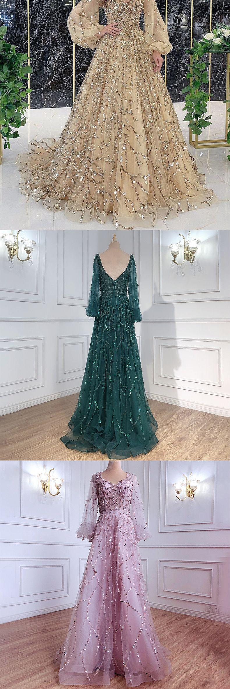 Women’s Gold Beaded Evening Gown, Luxury Sequin Long Sleeve Maxi Dress with Puff Sleeves, Elegant Formal Ball Gown for Wedding, Gala, Prom, Banquet, Stage Performance and Special Events S-3XL