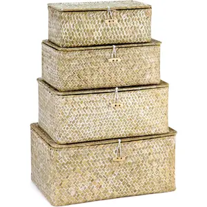 Seagrass Basket Set with Lids - 4-Piece Rattan Wicker Baskets in Sizes, Handwoven, Organizer for Home & Office, Rustic Farmhouse,