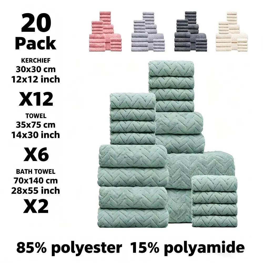 20pcs Bathroom Towels Set,including 12 Washcloths +6 hand Towels + 2 Bath Towels,microfiber material,Multi-color Options,soft and comfortable,Hanging rope design,Suitable for Bathroom Shower, Hotel