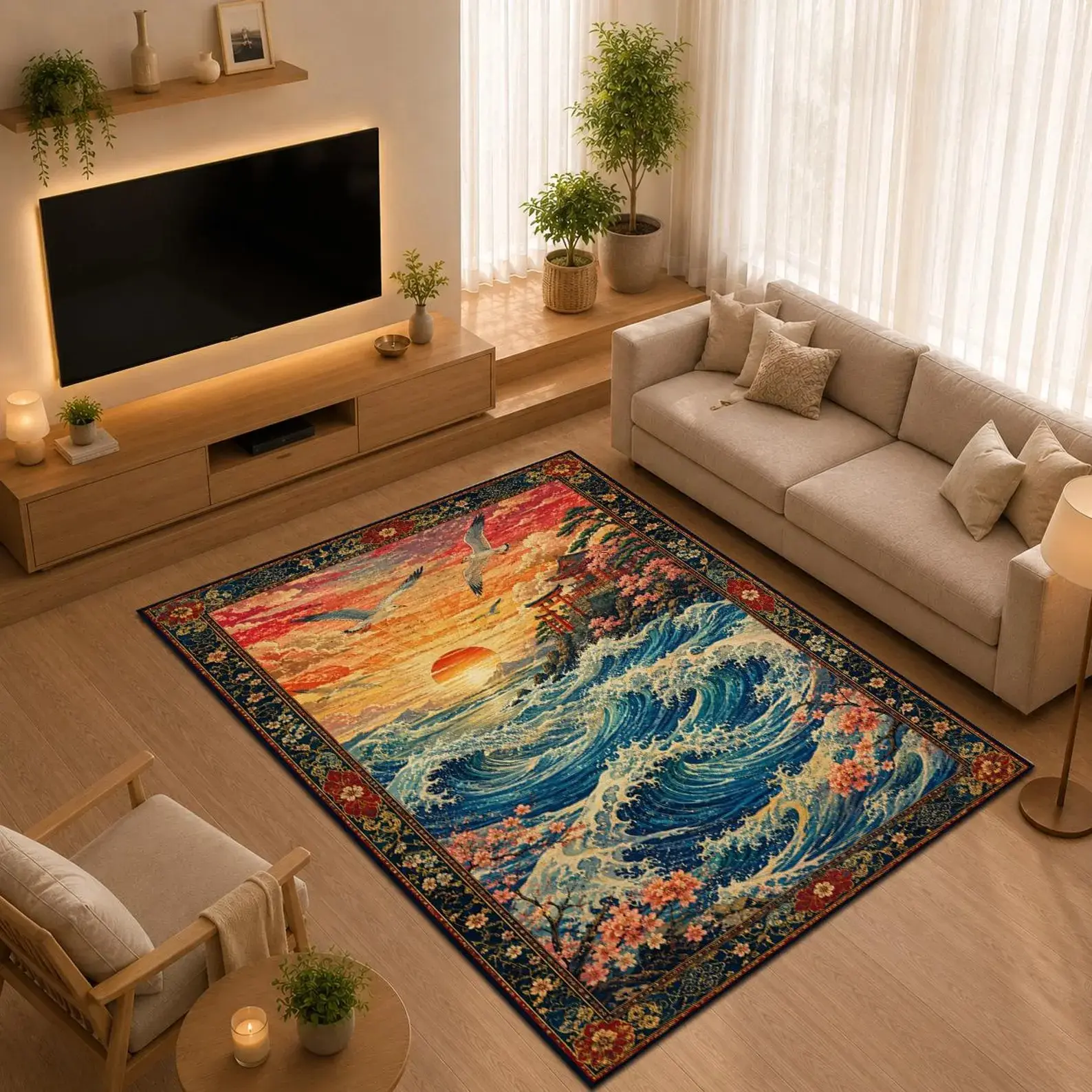 Japanese Coastal Area Rug, Ocean Wave Carpet, Torii Gate Decor Rug, Vintage Asian Landscape, Sunset Living Room Rug