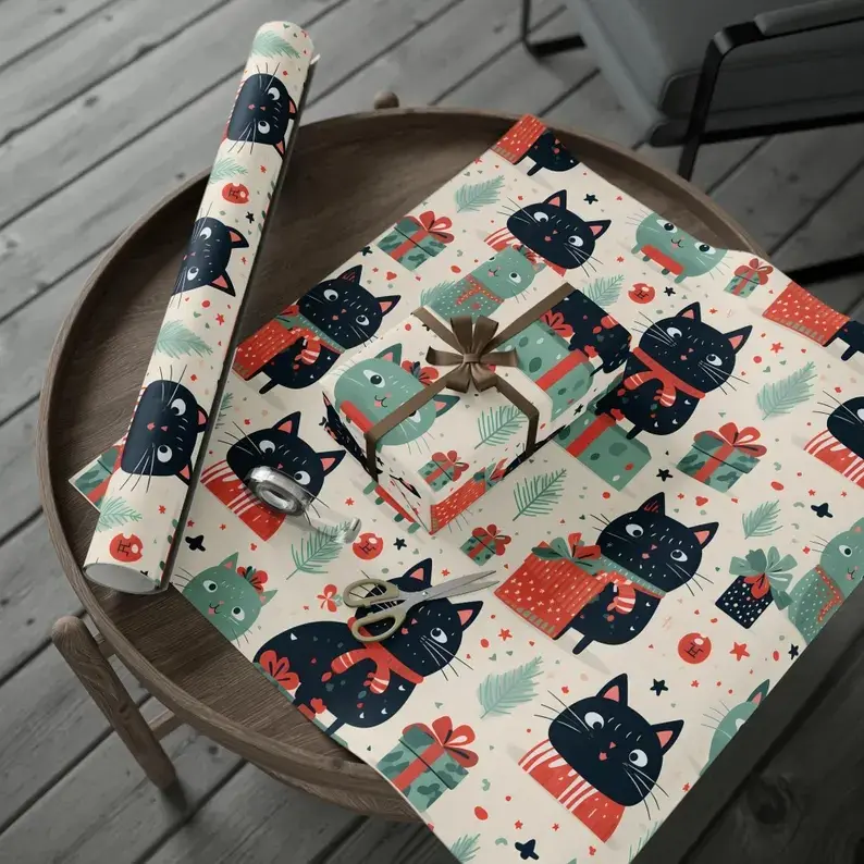 Winter Christmas Kittens Wrapping Paper, Cute Animal Packaging, Xmas Holiday Present Wrap
