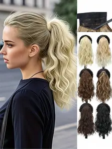 Synthetic Fiber 14Inch Wavy Curly Hair Ponytail Wrap Around Clip On Ponytail Hair Extension Black Blonde Fake Hairpiece Wig For Women Daily Use