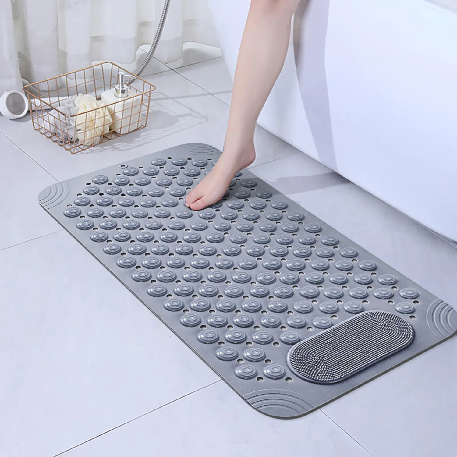 Bathroom Suction Cup Floor Mat, Non-Slip Anti-Drop Waterproof Massage Mat with Drain Holes, Durable Easy-to-Clean Home Bathroom Accessory for Toilet & Shower Room