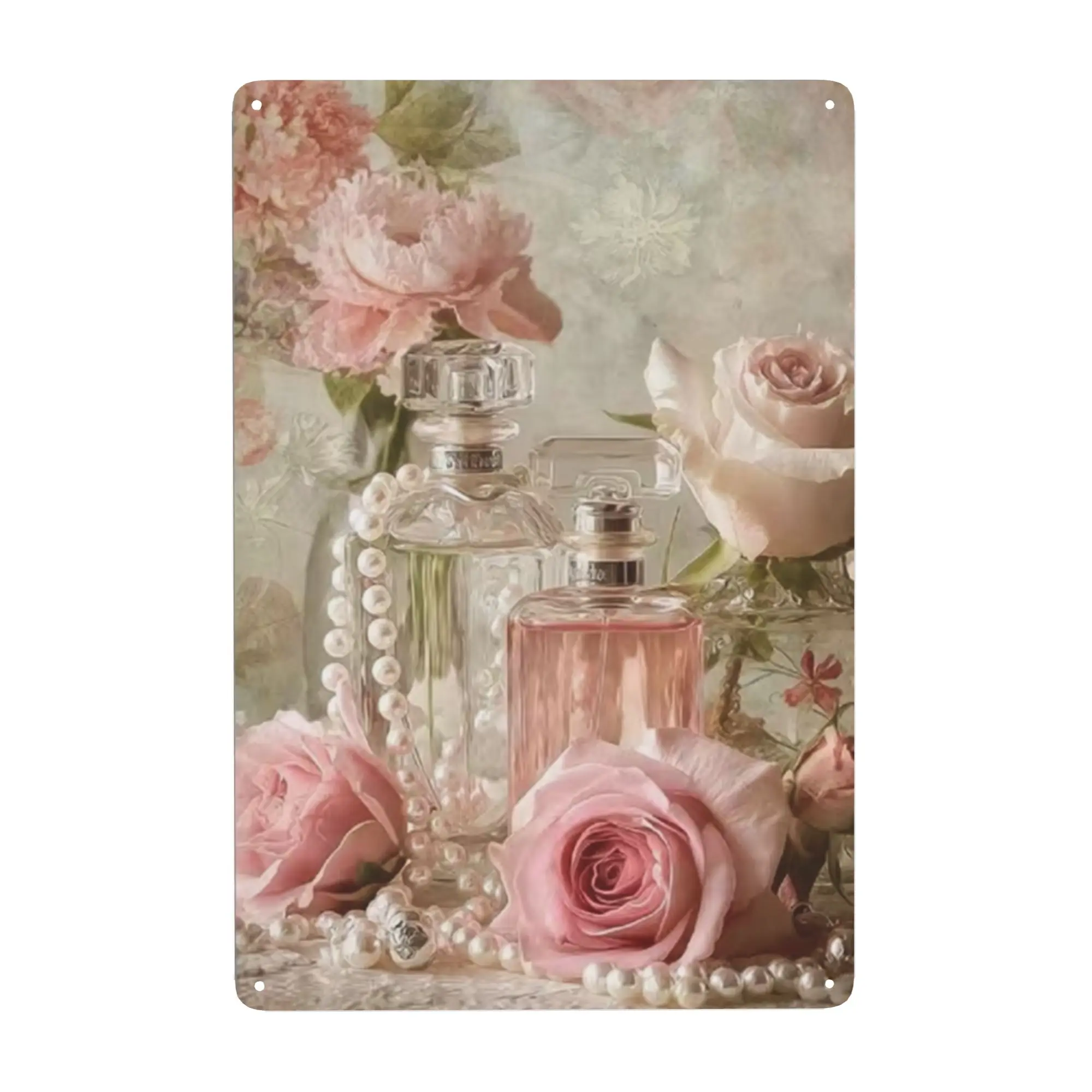 Retro Soft Textured Vintage Vanity Art Blush Pink Roses Clear Glass Perfume Bottles Strand Of White Pearls Muted Floral Script Background Weathered Cream Rust Iron Wall Sign, Vintage French Feminine Botanical Tin Plaque, Elegant Heartwarming Wall Decor