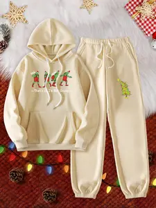 Women's Christmas Themed Hoodie & Jogger Pants Two-piece Set, Casual Long Sleeve Hooded Sweatshirt & Trousers, Ladies Fall & Winter Clothes