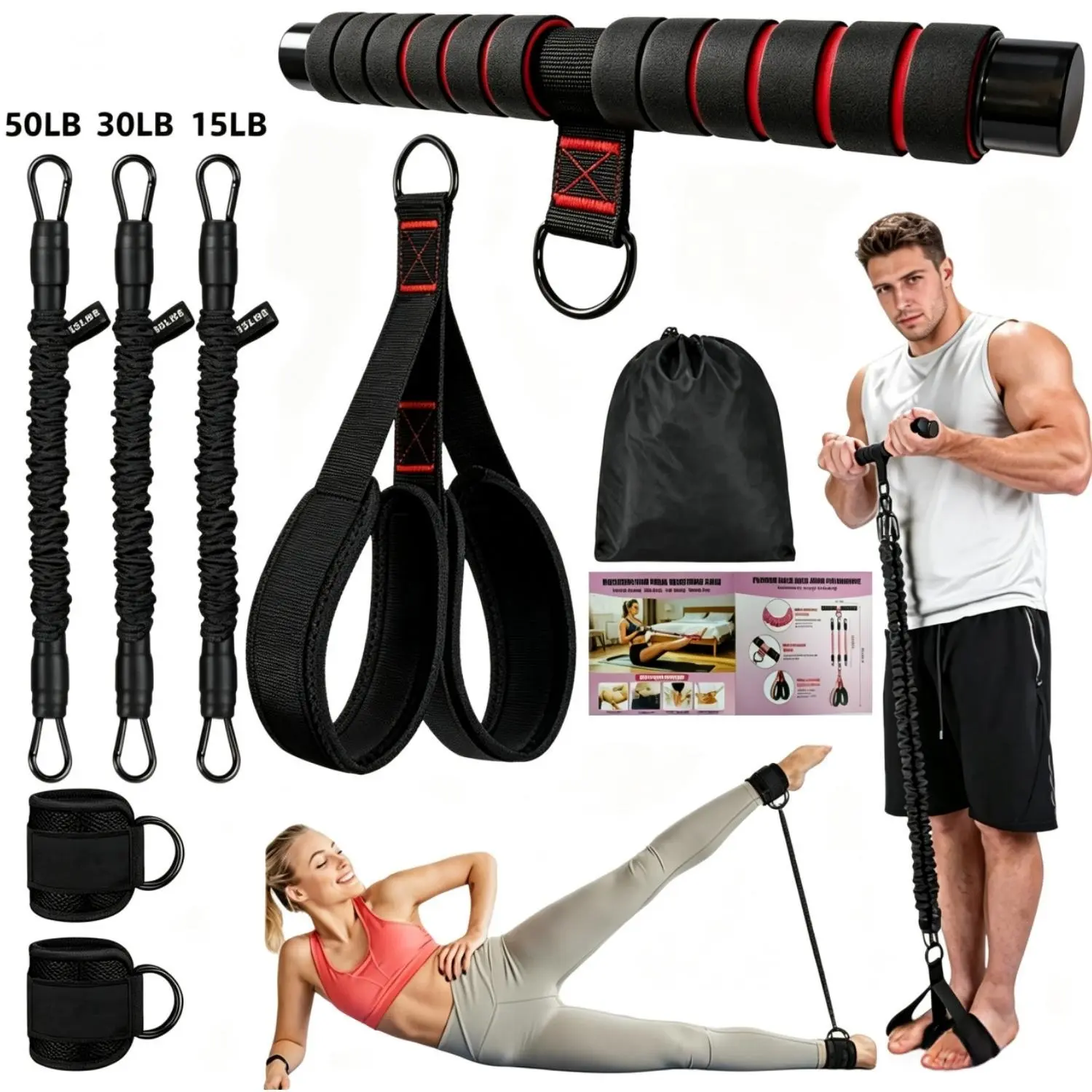 Multifunction Stretch Training Pedal Band Set with Foam Handle, 15/30/50LB Stackable Protective Tubes, Ankle Straps, Door Anchor & Carry Bag for Home Gym Abs Leg Glute Arm Yoga Workouts big hip bfr, Full Body