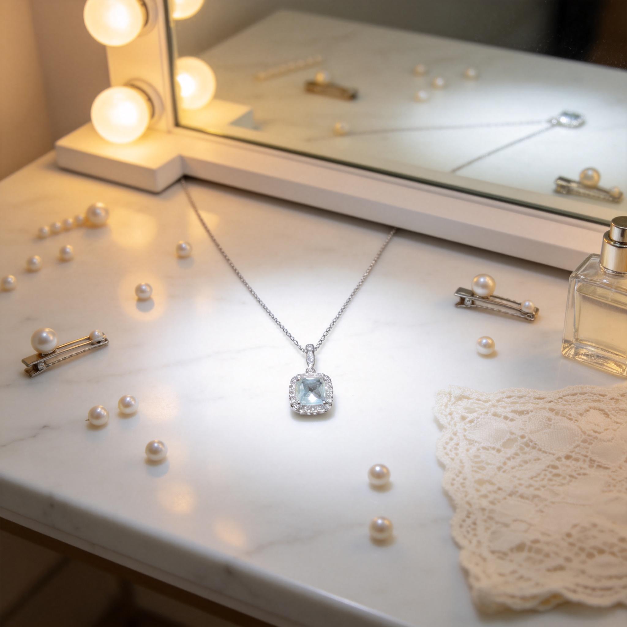 Dainty Hypoallergenic Blue Gemstone Necklace, CZ Halo, Perfect for Daily/Date, a Thoughtful Gift  Sensitive Skin-Safe Aquamarine Necklace, Adjustable Chain, a Surprise Gift for Anniversary/Prom