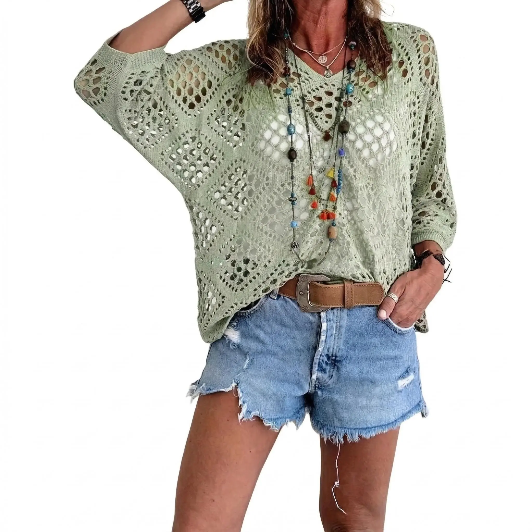Women's 100% Cotton Boho Crochet Top Oversized V Neck Hollow Out Knit Sweater Batwing Sleeve Beach Cover UpWomen's 100% Cotton Boho Crochet Top Oversized V Neck Hollow Out Knit Sweater Batwing Sleeve Beach Cover Up