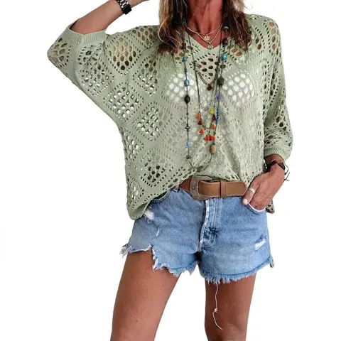 Women's 100% Cotton Elegant Boho Open Crochet Coverup - Oversized V-Neck, Hollow-Out Knit Sweater, Batwing Long Sleeve, Lace Accent, Travel-Ready Beach Top