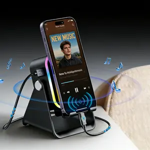 A wireless Bluetooth audio player with a built-in phone holder, suitable for Apple and Android phones, iPad devices. A 360° rotating charging phone holder, suitable as a gift for both men and women.