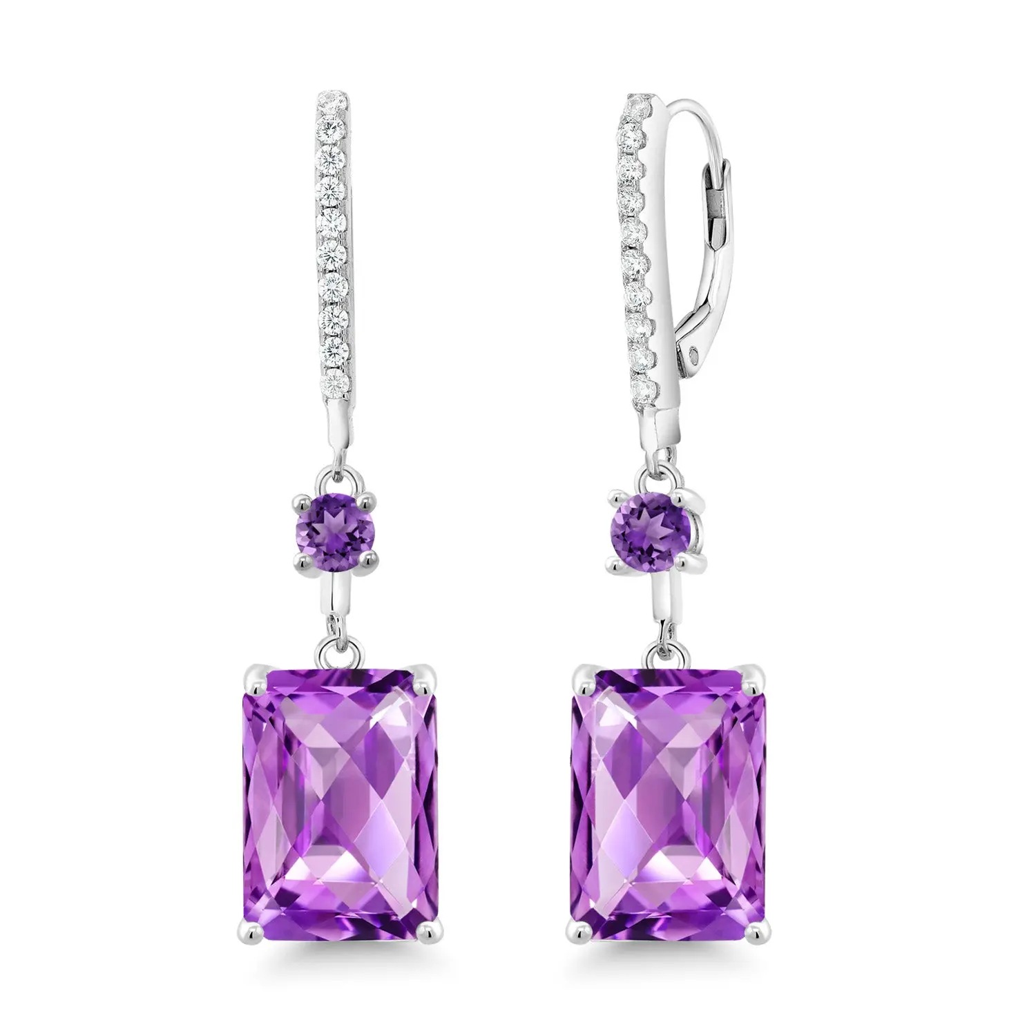 15.20 Cttw Purple Amethyst Dangle Earrings For Women | 925 Sterling Silver | Gemstone Birthstone | Octagon Checkerboard Cut 14X10MM