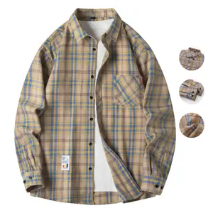 Men's colorblock plaid long-sleeve button-up shirt jacket with front chest pocket and letter print embroidery, featuring sleeve cuff buttons, suitable for spring and autumn wear