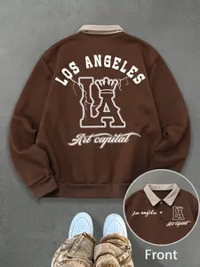 Y2K Style Unisex Losangeles Letter Print Polo Sweatshirt, Thick Retro British Aesthetic Lamb Wool Collar Pullover for Streetwear