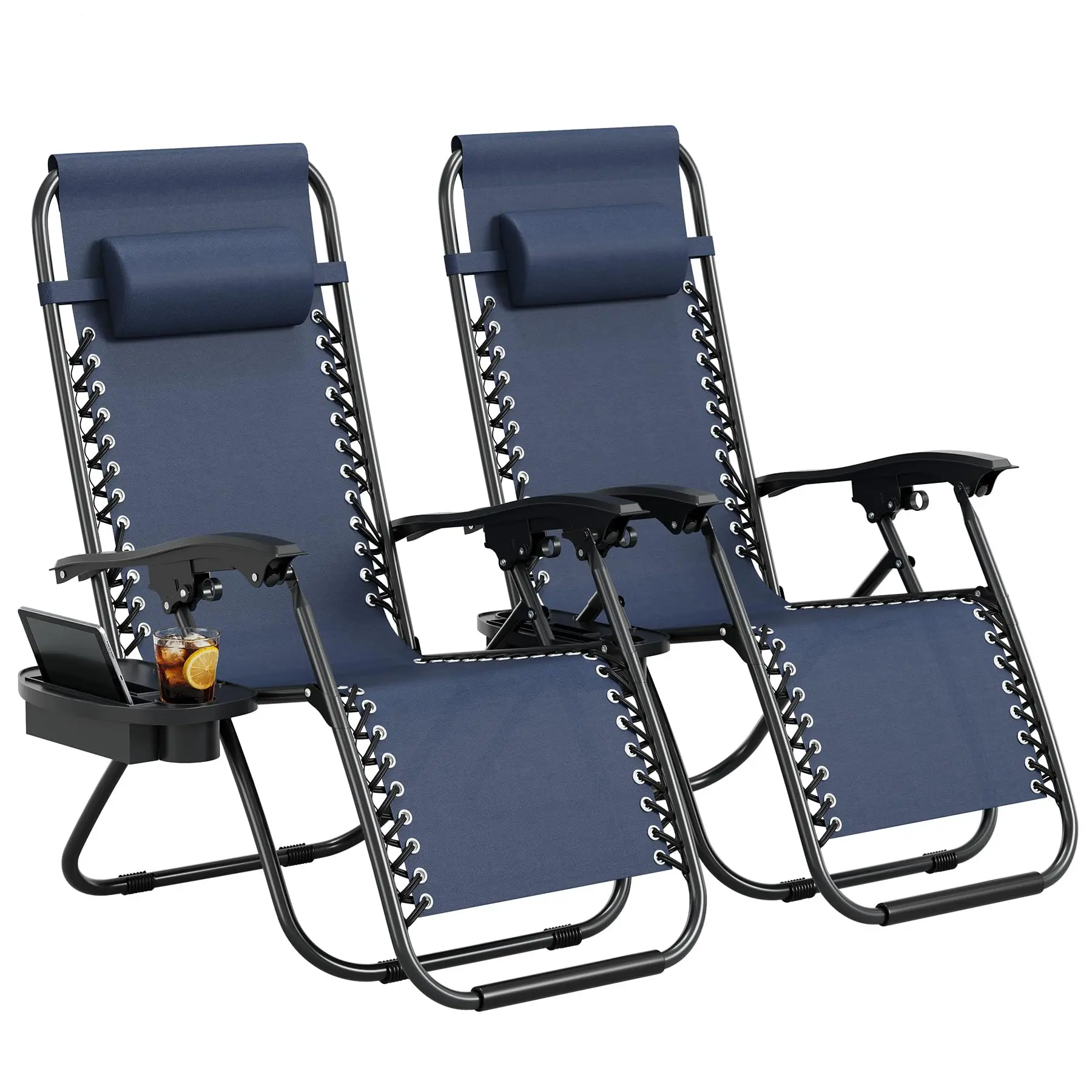 Zero weight terrace chair - portable folding lounge chair with adjustable pillow and cup tray - outdoor lawn, garden, beach, camping, poolside seat