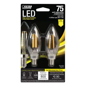 Feit Electric 75 Watt Replacement Soft White 2700K E12 Base B10 Dimmable LED Light Bulb 2 Pack
