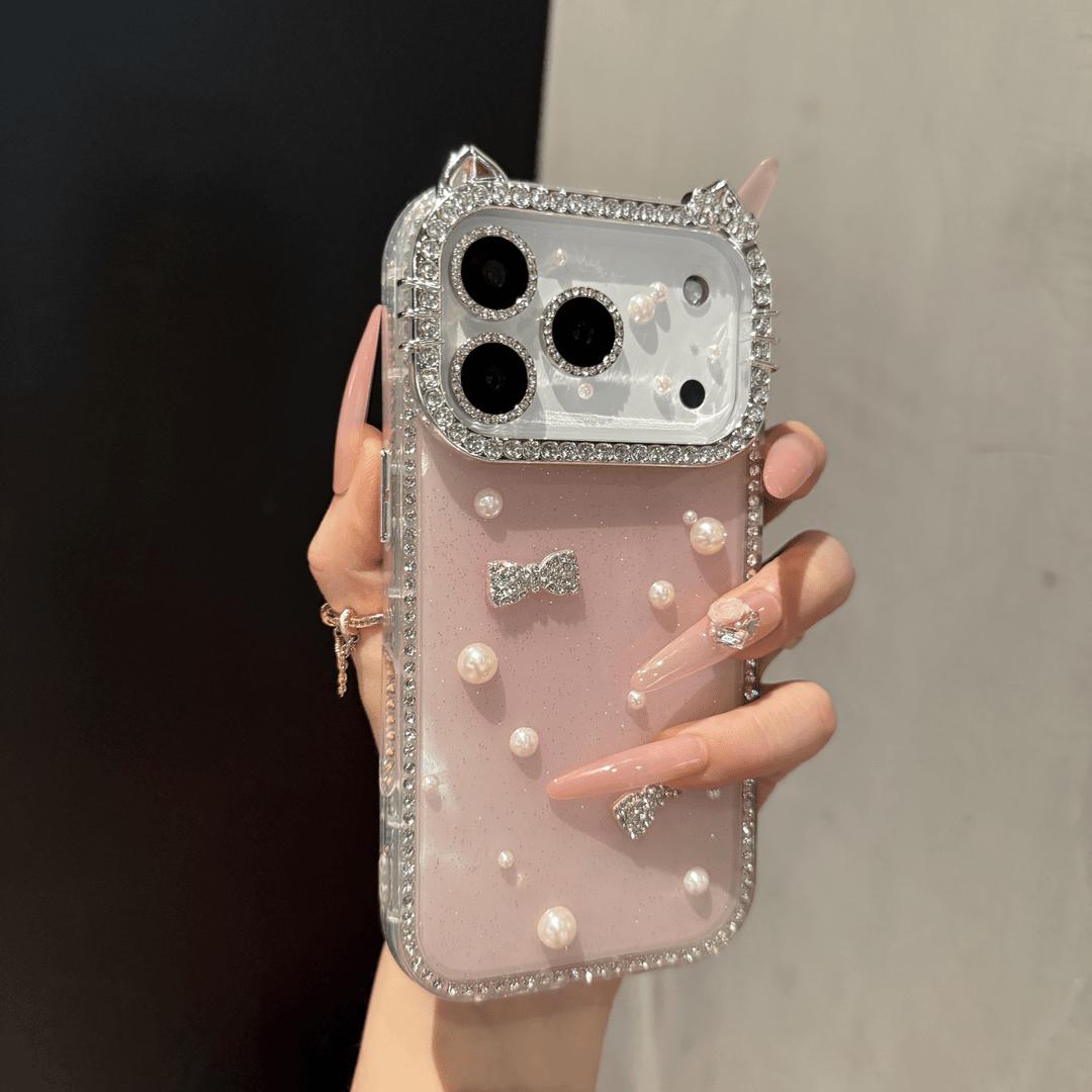 DIY Glitter Clear Phone Case with Pearl & Rhinestone Bow Charms, Bling Cat Ear Diamond Frame Customizable Protective Cover for IP 17 Pro max, 16plus, 15, 14, 13 junk