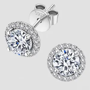 Moissanite Halo Earrings S925 Sterling Silver Round Cut Screw Back 4-Prong Setting D Color VVS1 Round Moissanite Earrings for Women Men Fashion Jewelry Gift