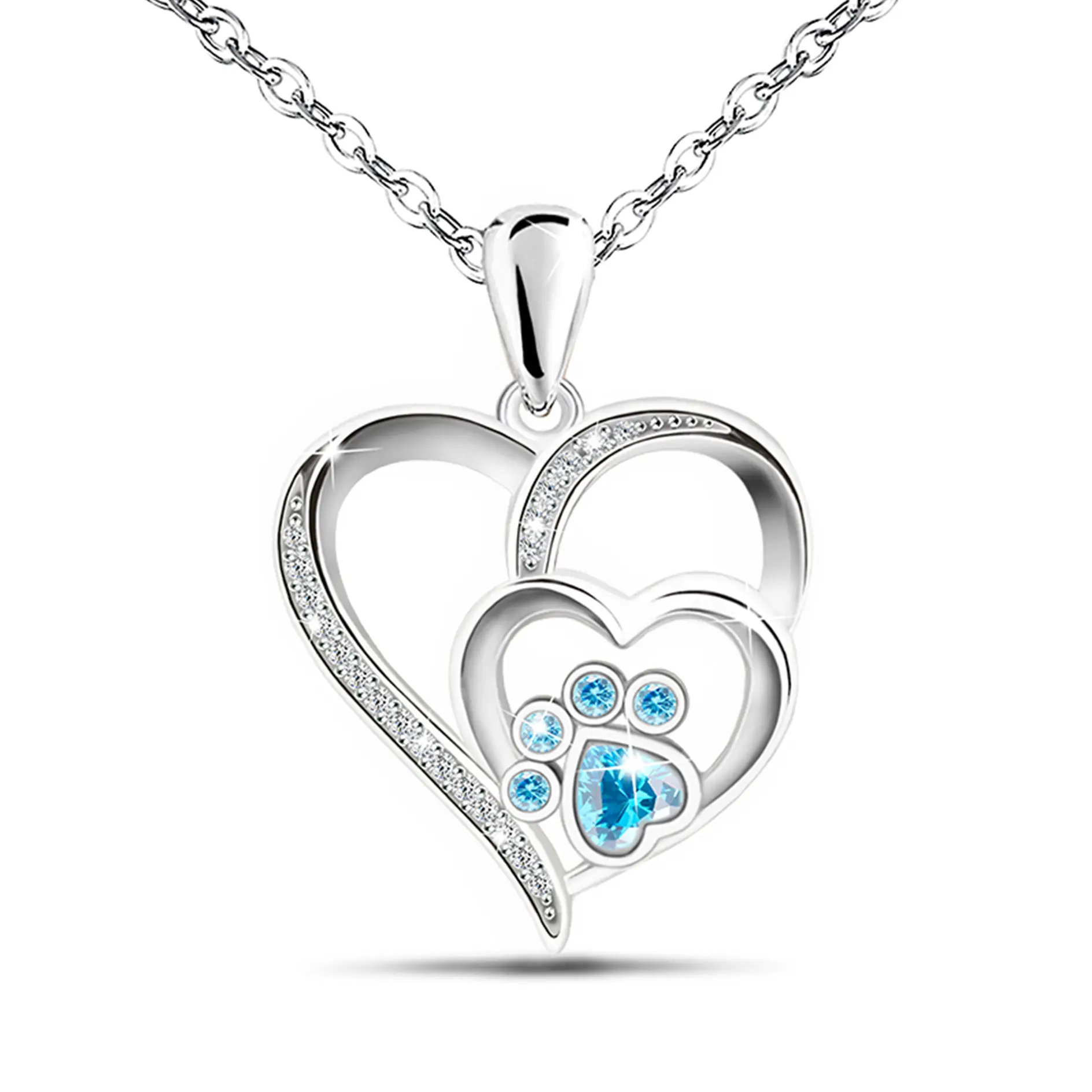 Sterling Silver Heart Paw Print Pendant Necklace for Women Double Heart Pet Memorial Jewelry with Blue Birthstone Crystal, Dog Cat Lover Gift, Anniversary Christmas Sympathy Keepsake Necklace