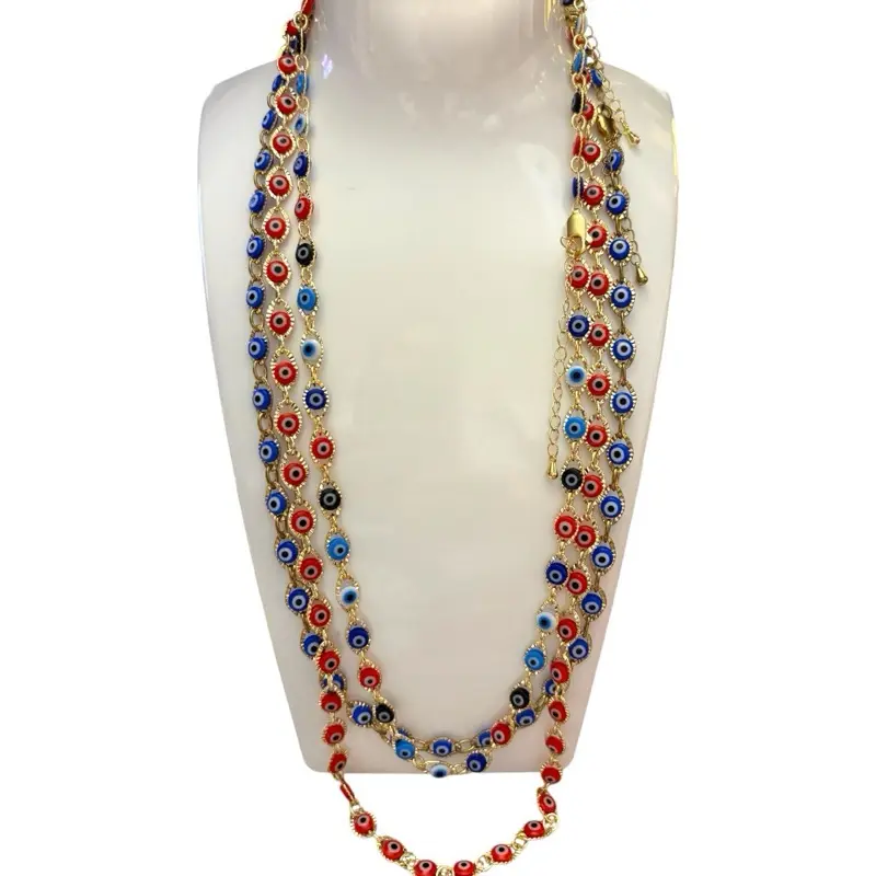 14k gold-plated "evil eye" necklace: beaded chain and alloy with red, blue, and multicolored enamel; everyday fashion jewelry and a trending TikTok accessory.