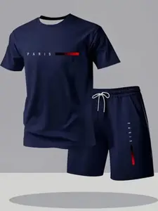 Men's Deep Blue Letter Gradient Stripe Short Sleeve + Shorts Set, Casual Sportswear, Breathable Soft Summer