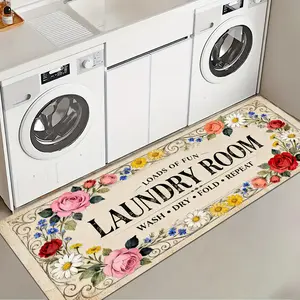 1 Pc Floral Laundry Room Rug Soft And Comfortable Rectangular Rug With Text Print Anti-Slip Floor Mat In Colorful Daisy And Rose Designs Suitable For Kitchen Living Room Bedroom Sink Laundry Room Decoration Indoor Rectangular Farmhouse Kitchen Carpet
