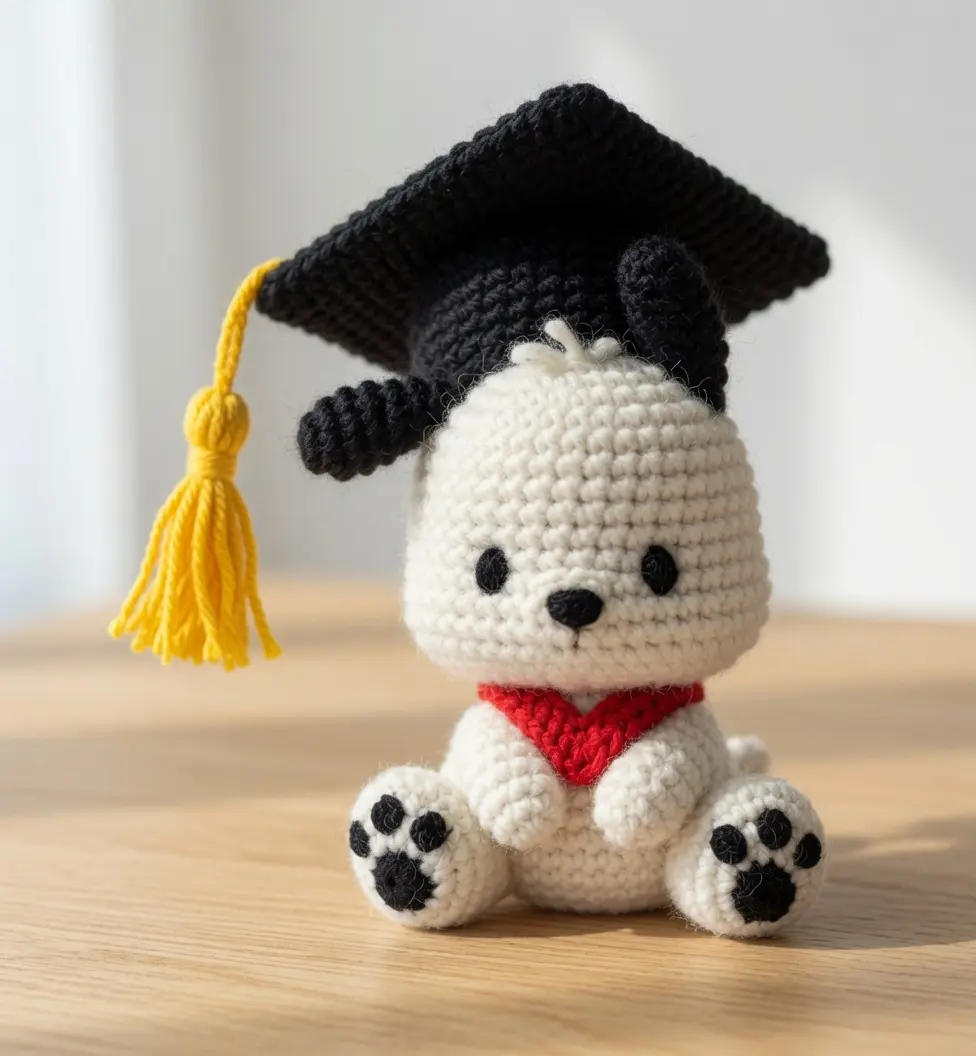 Crochet Graduation Pochacco Plush, Handmade Puppy Amigurumi, Graduation Gift for Student, Cute Crochet Dog Doll, College Graduation Keepsake
