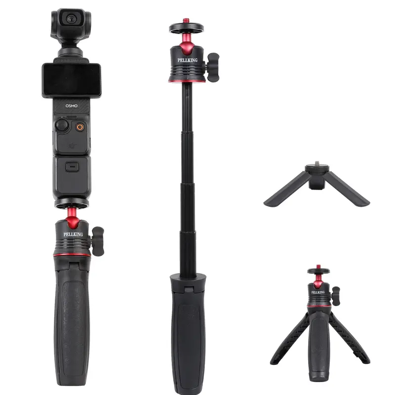 PellKing ABS Pocket-Size Retractable Camera Tripod Set - 1/4'' Screw, 6-Inch Extendable Adjustable Stabilizer, Nonslip Rubber Grip Stand, Selfie Stick Kit with Base for DJI Pocket 3/2/Nano, Action 6/5 Pro/4, Insta360 Accessories