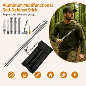 6-in-1 Multifunctional Camping Stick with Built-in Compass, Non-Folding Knife, Pointed Awl, Safety Whistle, Fire Starter Rod, Eating Fork - Portable Outdoor EDC Tool for Hiking Picnic Backpacking Survival Travel