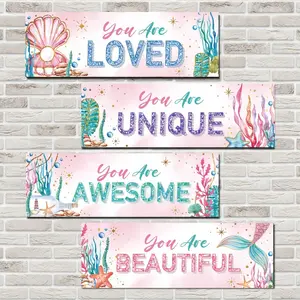 4 Piece Wooden Mermaid Bathroom Decor Set, Underwater Wall Signage, Waterproof Hanging Board, Rustic Home Bath/laundry Art Decoration, Novelty Decor, Home Wall Ornament