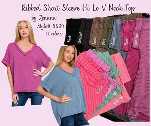 Zenana Ribbed Short Sleeve High Low Hem V Neck Top 8539 Corded Texture Relaxed Fit Stylish Design Stretchy Comfort Knit Spandex Womenswear