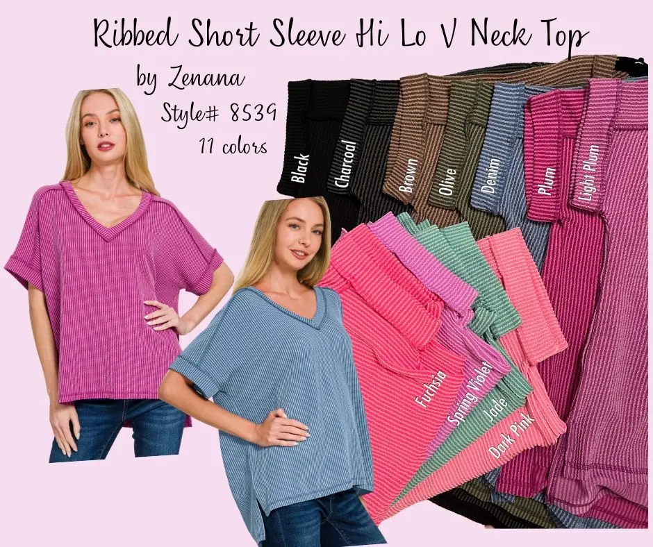 Zenana Ribbed Short Sleeve High Low Hem V Neck Top 8539 Corded Texture Relaxed Fit Stylish Design Stretchy Comfort Knit Spandex Womenswear
